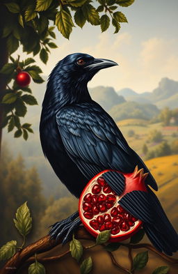 A Renaissance style painting featuring a striking black crow perched elegantly alongside a vibrant pomegranate