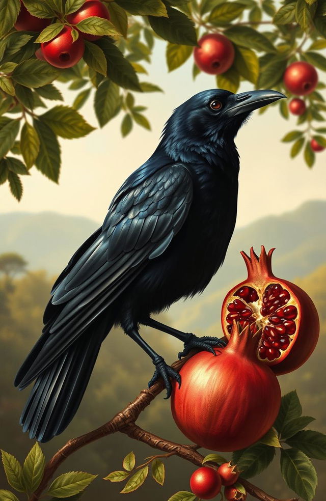 A Renaissance style painting featuring a striking black crow perched elegantly alongside a vibrant pomegranate