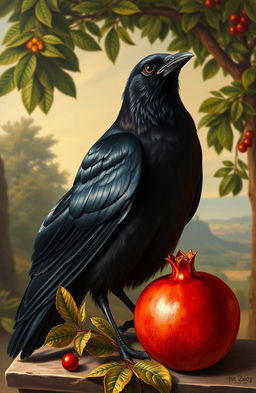 A Renaissance style painting featuring a striking black crow perched elegantly alongside a vibrant pomegranate