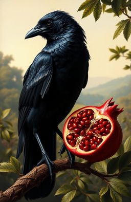A Renaissance style painting featuring a striking black crow perched elegantly alongside a vibrant pomegranate