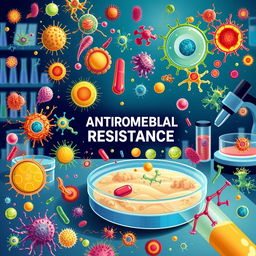 An intricate and detailed illustration showcasing the concept of antimicrobial resistance