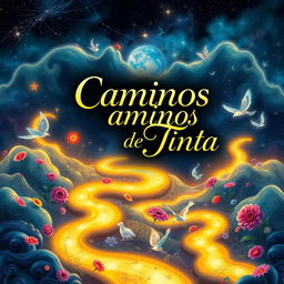 A visually stunning book cover design featuring the title 'Caminos de Tinta' in an elegant, flowing font that resembles ink trails