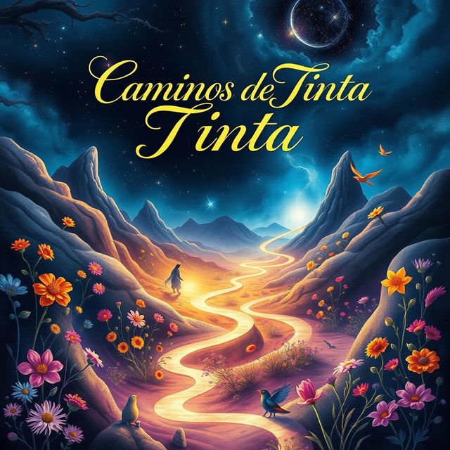 A visually stunning book cover design featuring the title 'Caminos de Tinta' in an elegant, flowing font that resembles ink trails