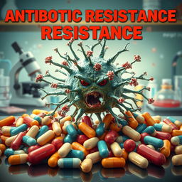 An artistic representation of antibiotic resistance, focusing on a visual metaphor of a powerful bacterium overcoming a barrier of antibiotic pills