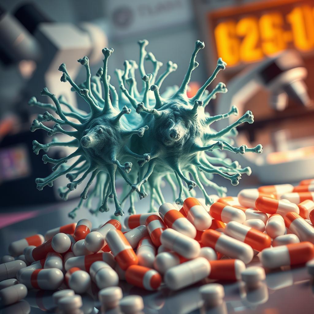 An artistic representation of antibiotic resistance, focusing on a visual metaphor of a powerful bacterium overcoming a barrier of antibiotic pills