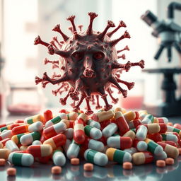 An artistic representation of antibiotic resistance, focusing on a visual metaphor of a powerful bacterium overcoming a barrier of antibiotic pills
