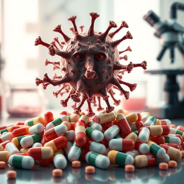 An artistic representation of antibiotic resistance, focusing on a visual metaphor of a powerful bacterium overcoming a barrier of antibiotic pills