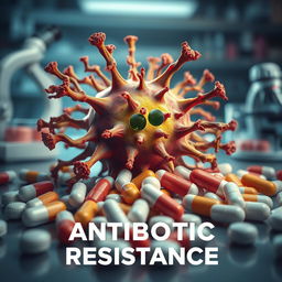 An artistic representation of antibiotic resistance, focusing on a visual metaphor of a powerful bacterium overcoming a barrier of antibiotic pills