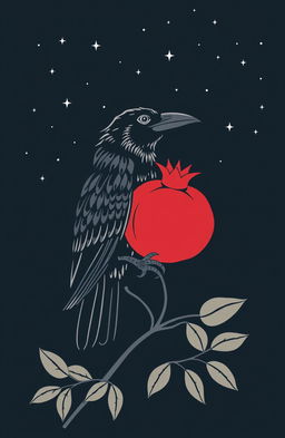 A Greek linear style design featuring a crow and a pomegranate under a night sky