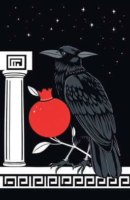 A Greek linear style design featuring a crow and a pomegranate under a night sky