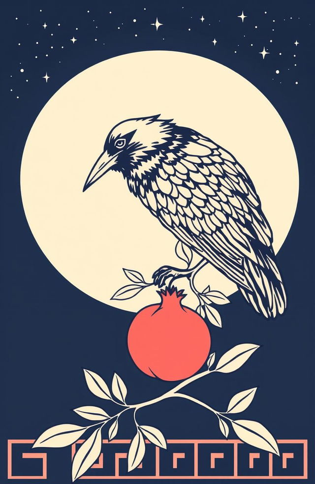 A Greek linear style design featuring a crow and a pomegranate under a night sky