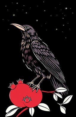 A Greek linear style design featuring a crow and a pomegranate under a night sky