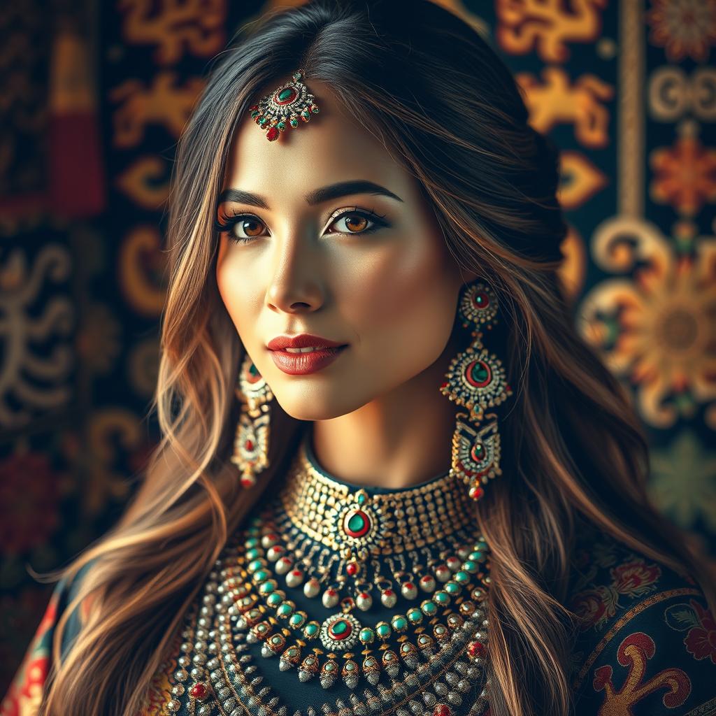 A stunning and intricate portrait of a beautiful woman adorned with elaborate and colorful traditional jewelry