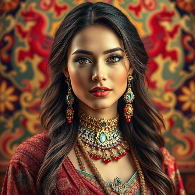 A stunning and intricate portrait of a beautiful woman adorned with elaborate and colorful traditional jewelry