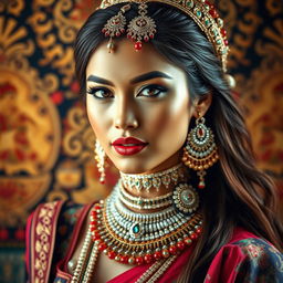 A stunning and intricate portrait of a beautiful woman adorned with elaborate and colorful traditional jewelry