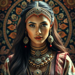 A stunning and intricate portrait of a beautiful woman adorned with elaborate and colorful traditional jewelry