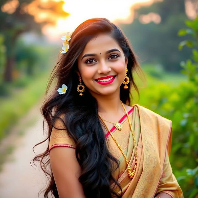 A radiant and beautiful Bengali woman, elegantly dressed in a traditional saree with intricate designs, standing in a scenic outdoor setting, surrounded by lush greenery