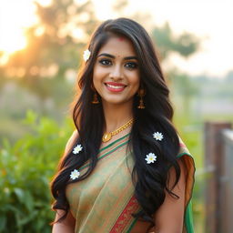 A radiant and beautiful Bengali woman, elegantly dressed in a traditional saree with intricate designs, standing in a scenic outdoor setting, surrounded by lush greenery