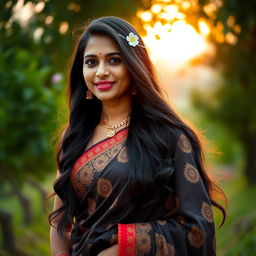A radiant and beautiful Bengali woman, elegantly dressed in a traditional saree with intricate designs, standing in a scenic outdoor setting, surrounded by lush greenery