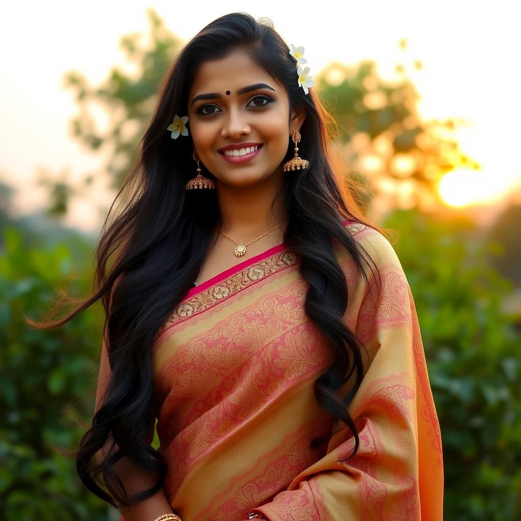 A radiant and beautiful Bengali woman, elegantly dressed in a traditional saree with intricate designs, standing in a scenic outdoor setting, surrounded by lush greenery