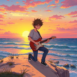 An illustration of a teenage boy playing guitar on a cliff by the seaside during sunset, with an anime style