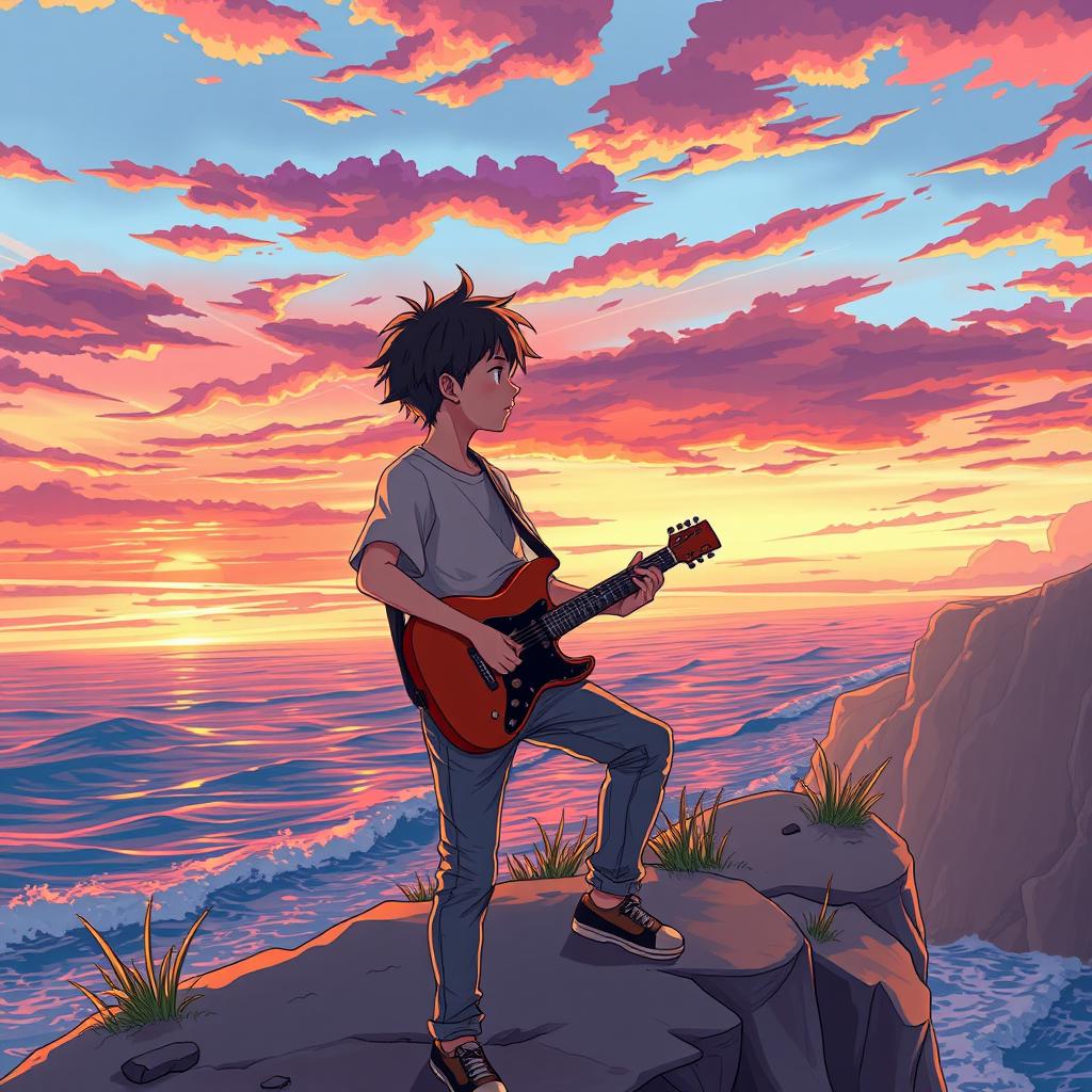An illustration of a teenage boy playing guitar on a cliff by the seaside during sunset, with an anime style