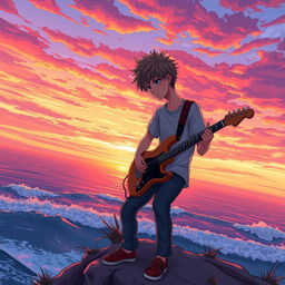 An illustration of a teenage boy playing guitar on a cliff by the seaside during sunset, with an anime style