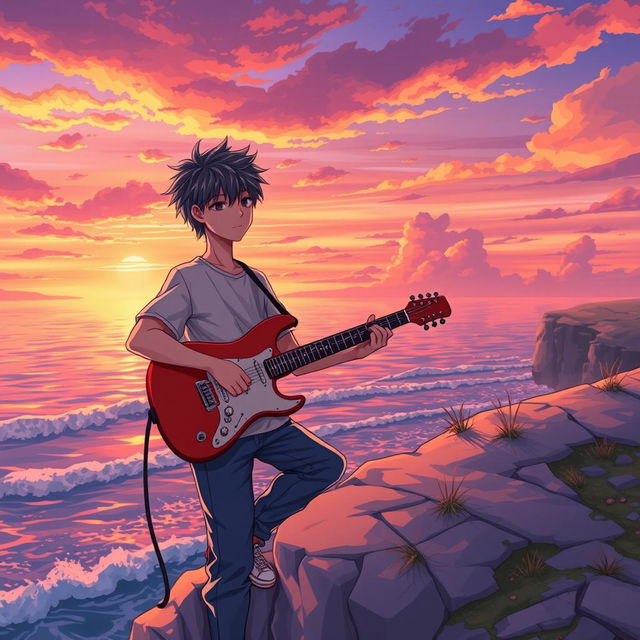 An illustration of a teenage boy playing guitar on a cliff by the seaside during sunset, with an anime style