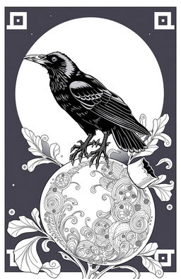 A Greek style artwork featuring a crow perched atop a pomegranate, set against a night sky