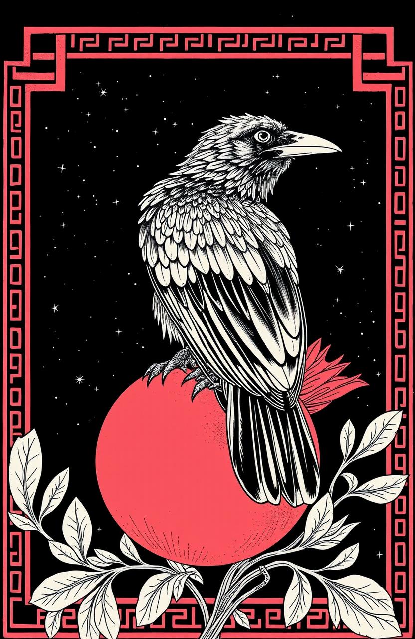 A Greek style artwork featuring a crow perched atop a pomegranate, set against a night sky