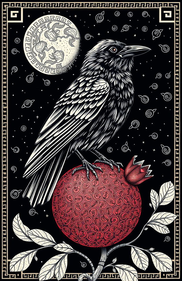 A Greek style artwork featuring a crow perched atop a pomegranate, set against a night sky