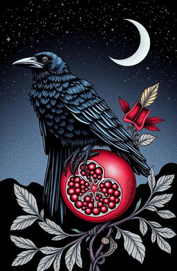 A Greek style artwork featuring a crow perched atop a pomegranate, set against a night sky