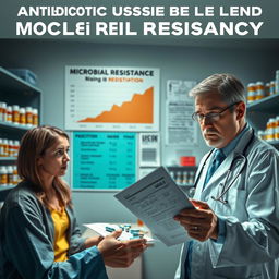 The theme of antibiotic misuse leading to microbial resistance in society, focusing on a dramatic scene in a healthcare setting where a frustrated doctor is examining a prescription pad filled with unnecessary antibiotic prescriptions