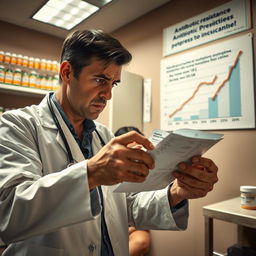 The theme of antibiotic misuse leading to microbial resistance in society, focusing on a dramatic scene in a healthcare setting where a frustrated doctor is examining a prescription pad filled with unnecessary antibiotic prescriptions