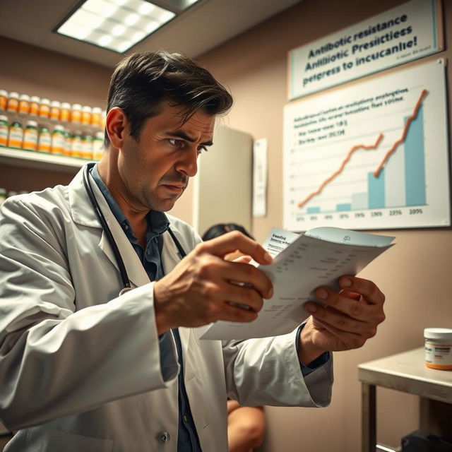 The theme of antibiotic misuse leading to microbial resistance in society, focusing on a dramatic scene in a healthcare setting where a frustrated doctor is examining a prescription pad filled with unnecessary antibiotic prescriptions