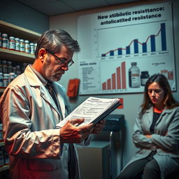 The theme of antibiotic misuse leading to microbial resistance in society, focusing on a dramatic scene in a healthcare setting where a frustrated doctor is examining a prescription pad filled with unnecessary antibiotic prescriptions