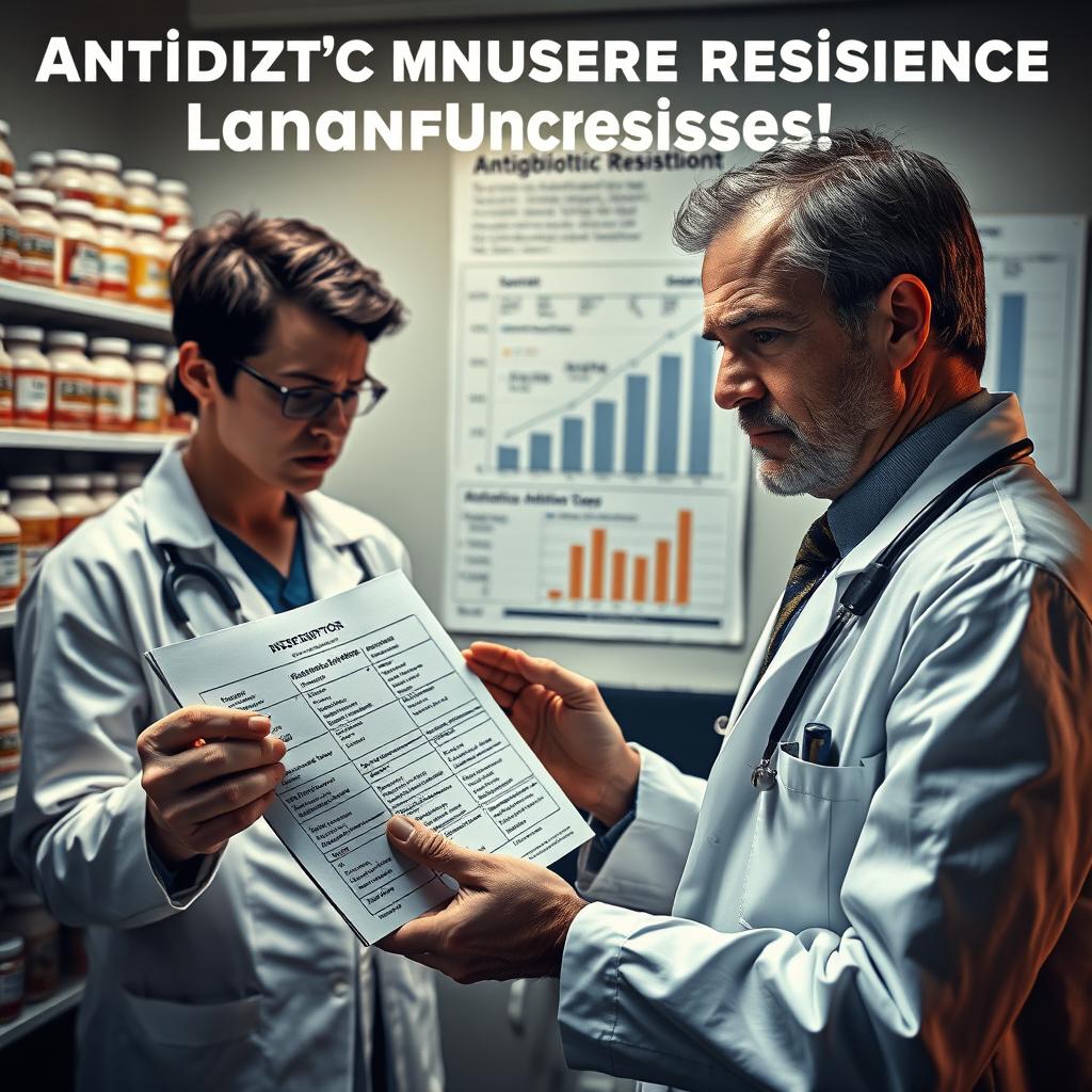 The theme of antibiotic misuse leading to microbial resistance in society, focusing on a dramatic scene in a healthcare setting where a frustrated doctor is examining a prescription pad filled with unnecessary antibiotic prescriptions