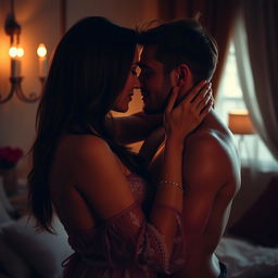A sensual and intimate scene depicting a couple in a passionate embrace, focusing on the emotional connection between them