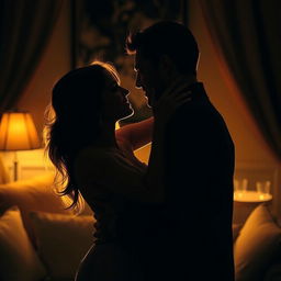 A sensual and intimate scene depicting a couple in a passionate embrace, focusing on the emotional connection between them