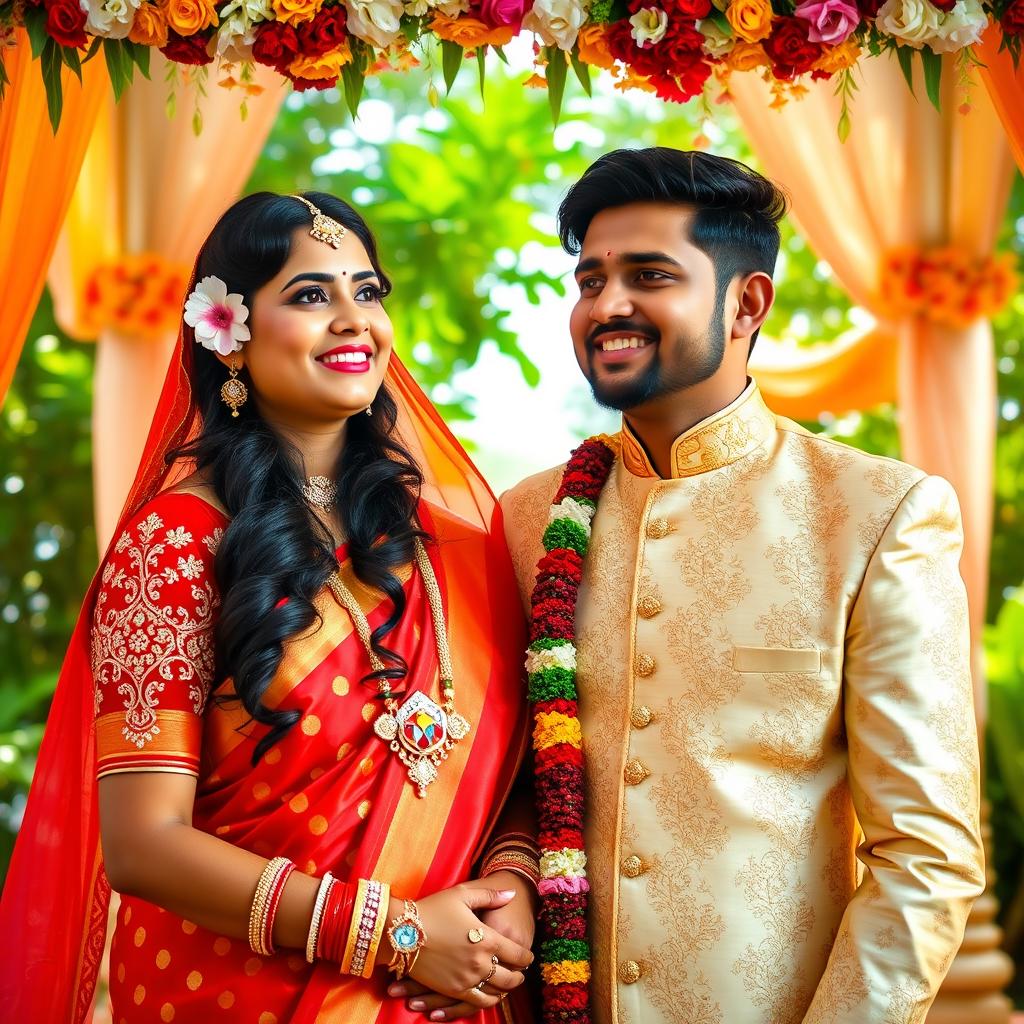 A joyful wedding scene featuring a stunning Bengali bride and her charming husband, Akash, who is 25 years old