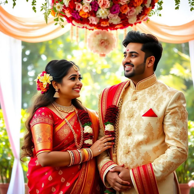 A joyful wedding scene featuring a stunning Bengali bride and her charming husband, Akash, who is 25 years old