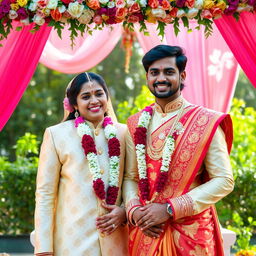 A joyful wedding scene featuring a stunning Bengali bride and her charming husband, Akash, who is 25 years old
