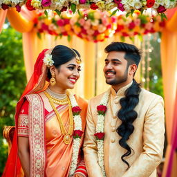 A joyful wedding scene featuring a stunning Bengali bride and her charming husband, Akash, who is 25 years old