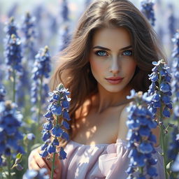 A mesmerizing portrait of a woman depicted in an enchanting and surreal landscape filled with blooming borage flowers (bídémashk)