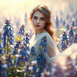 A mesmerizing portrait of a woman depicted in an enchanting and surreal landscape filled with blooming borage flowers (bídémashk)
