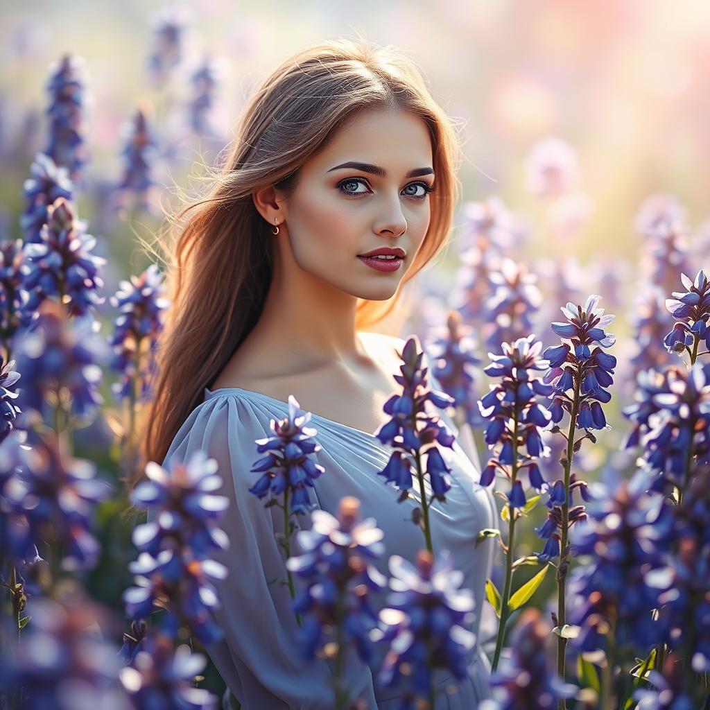 A mesmerizing portrait of a woman depicted in an enchanting and surreal landscape filled with blooming borage flowers (bídémashk)