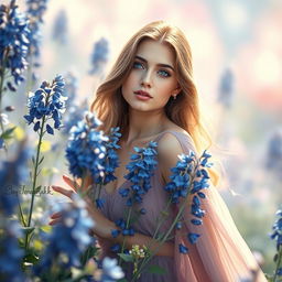 A mesmerizing portrait of a woman depicted in an enchanting and surreal landscape filled with blooming borage flowers (bídémashk)