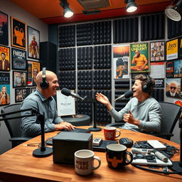 A vibrant podcast studio featuring two hosts, one resembling a well-known podcaster with a bald head and a charismatic smile, and the other an enthusiastic person sitting across from him with a playful expression