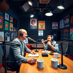 A vibrant podcast studio featuring two hosts, one resembling a well-known podcaster with a bald head and a charismatic smile, and the other an enthusiastic person sitting across from him with a playful expression