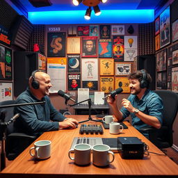 A vibrant podcast studio featuring two hosts, one resembling a well-known podcaster with a bald head and a charismatic smile, and the other an enthusiastic person sitting across from him with a playful expression